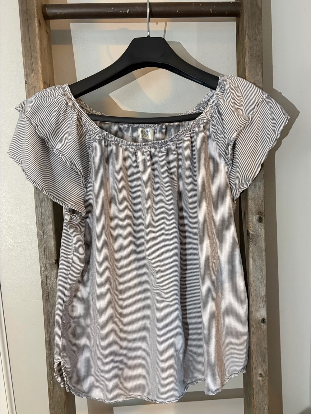 Terra & Sky Light Blue and White Pinstripe Flutter Sleeve Top